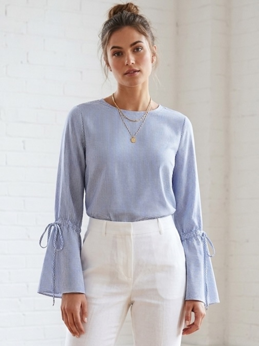 Striped Light Blue Bell Sleeve Blouse with Tie Detail - Women